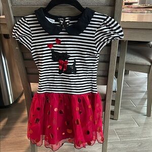Striped Black and White with Red Girl’s Dress with Dog Design
